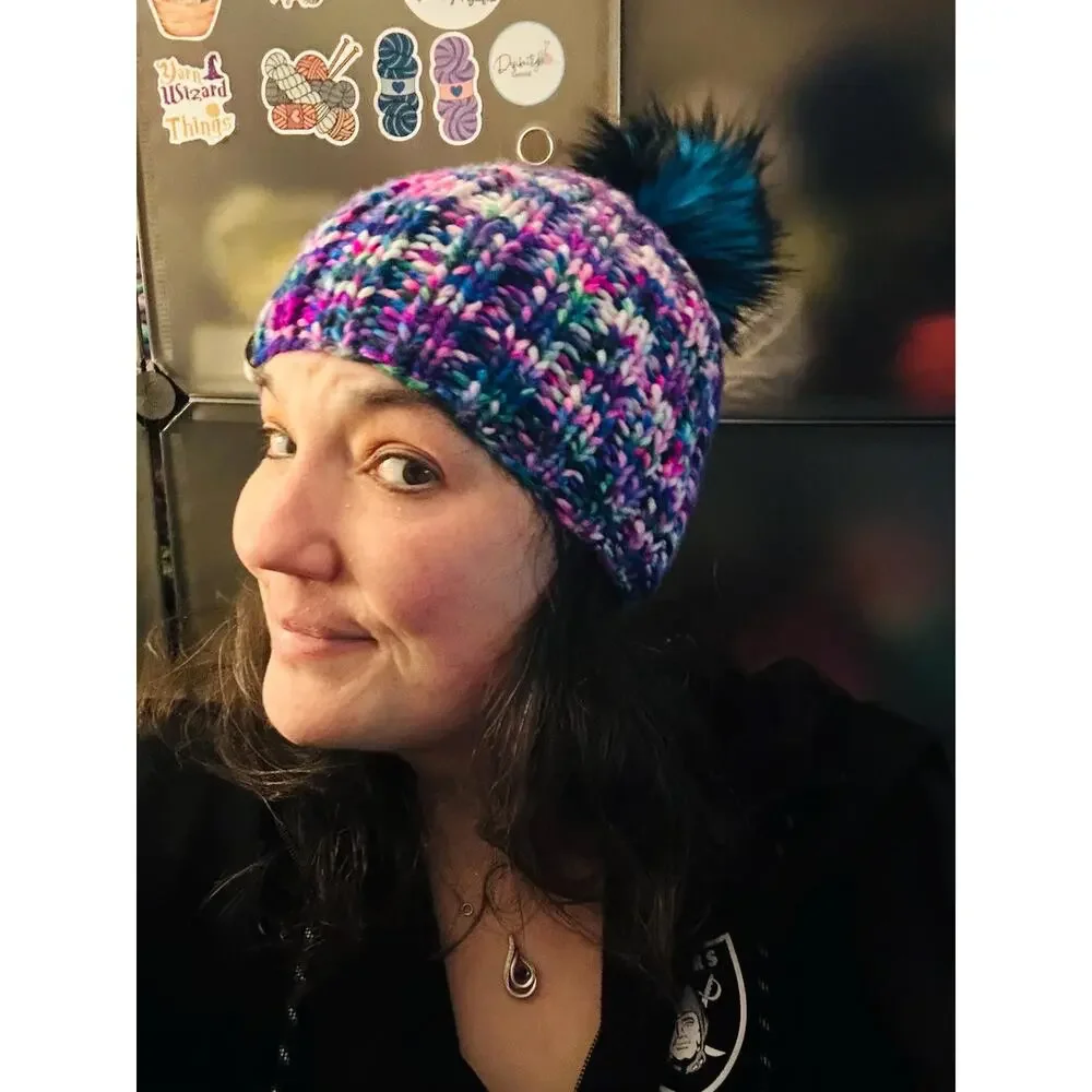 Hand Knit Merino Wool Beanie: Bulky Chic Hat with Faux Fur Pom